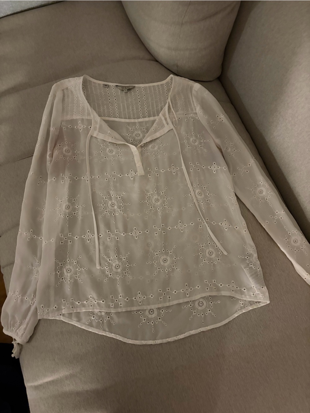 Guess White Sheer Embroidered Peasant Blouse